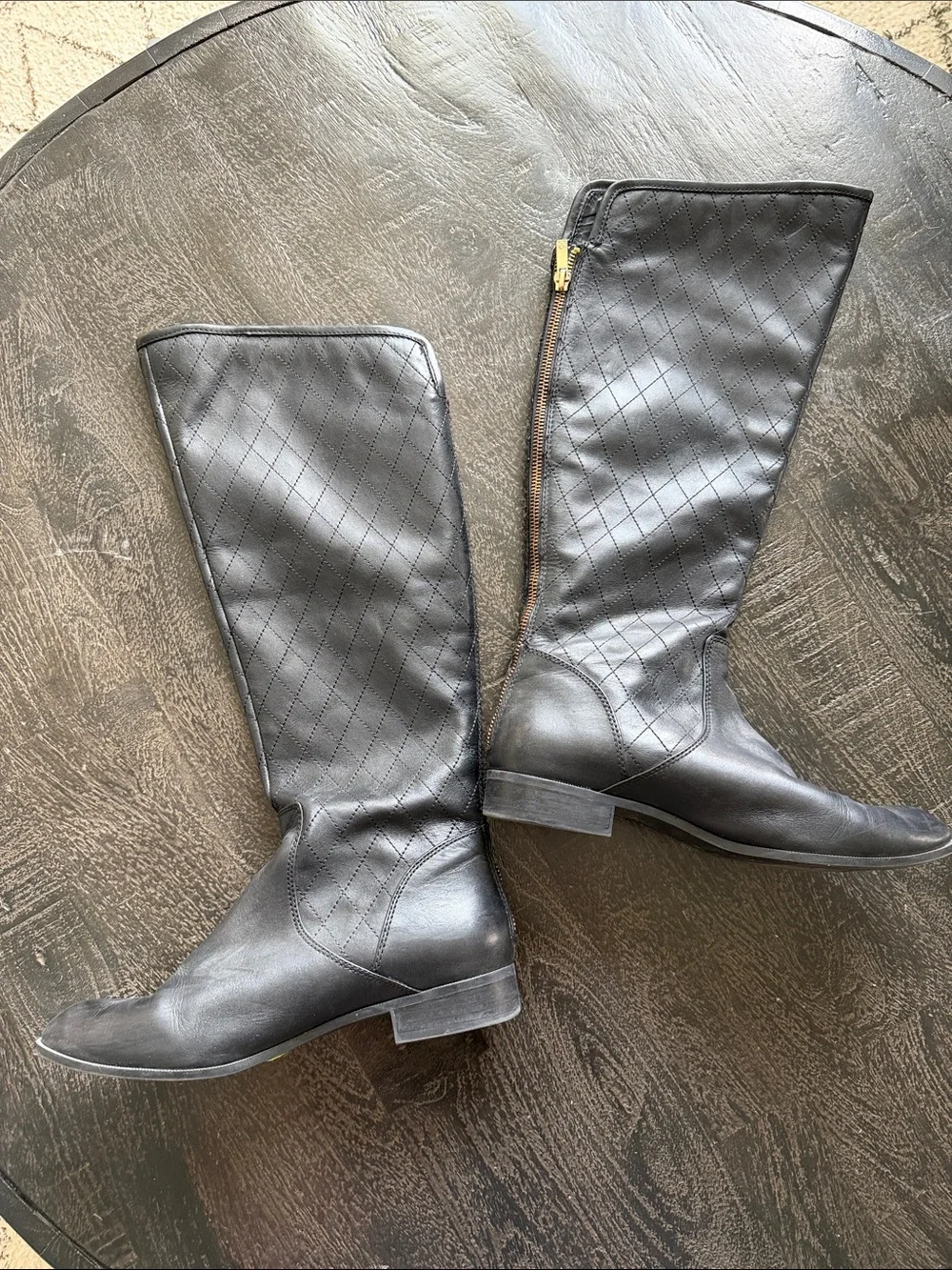 Anne Klein Black Leather Boots with Gold Buckles